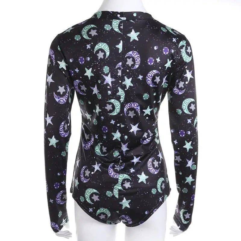 Kawaii Black Star and Moon Long Sleeve Sleeper Bodysuit - onesie