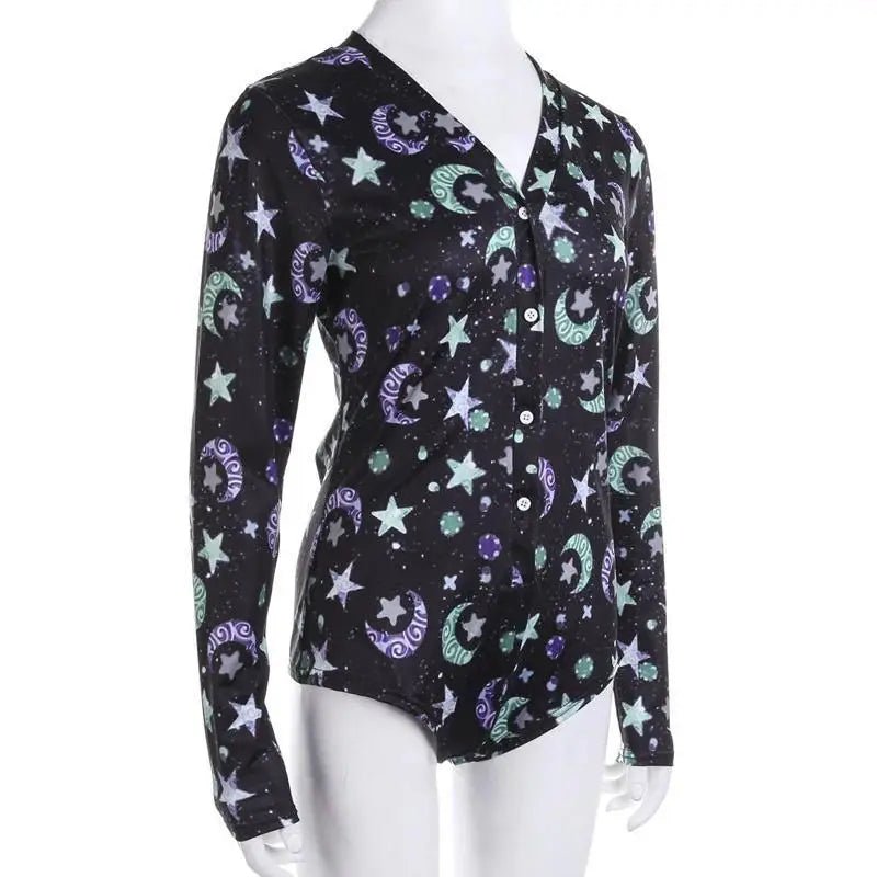 Kawaii Black Star and Moon Long Sleeve Sleeper Bodysuit - Cosparty