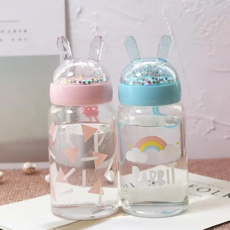 Kawaii Bunny Ear Glitter Glass Water Bottles - shirt