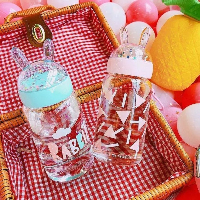 Kawaii Bunny Ear Glitter Glass Water Bottles - Cosparty