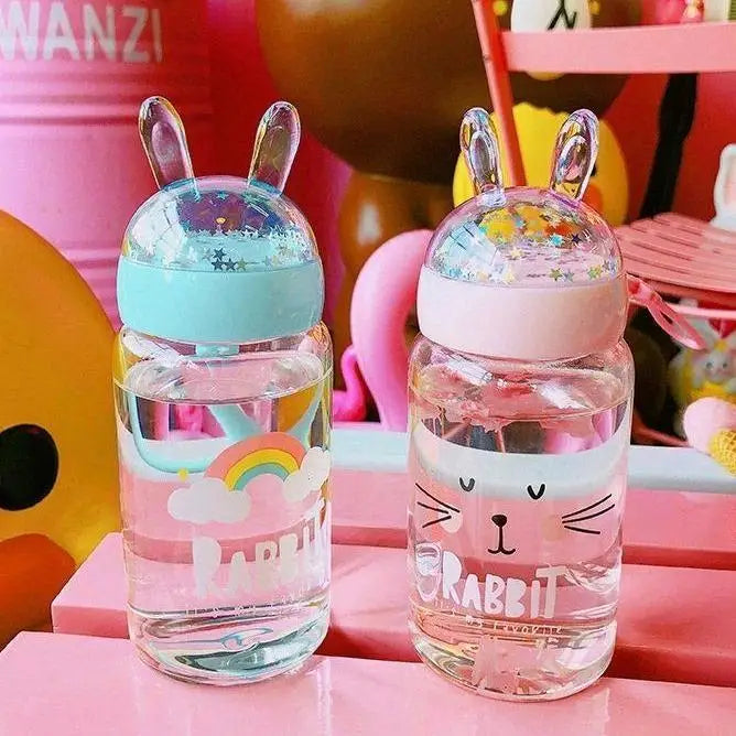 Kawaii Bunny Ear Glitter Glass Water Bottles - shirt