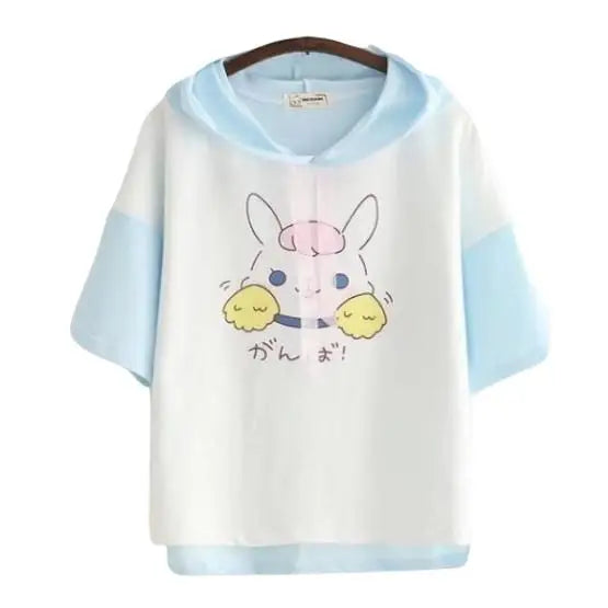 Kawaii Bunny Hooded Tee in Pastel Pink or Blue - shirt