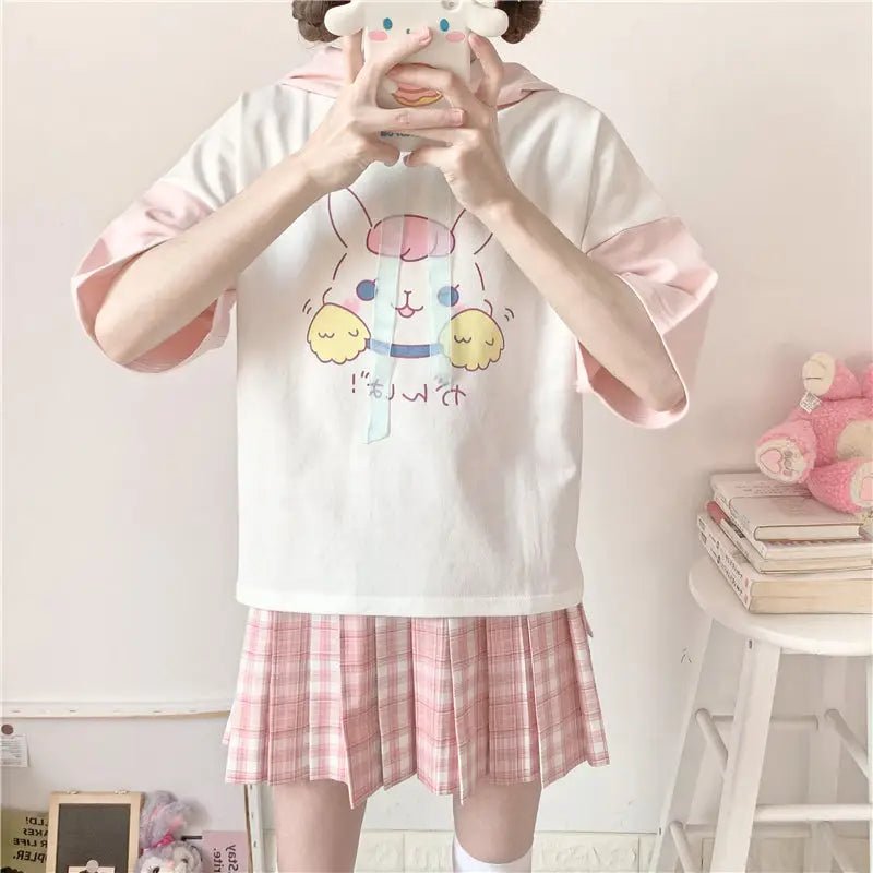 Kawaii Bunny Hooded Tee in Pastel Pink or Blue - Cosparty