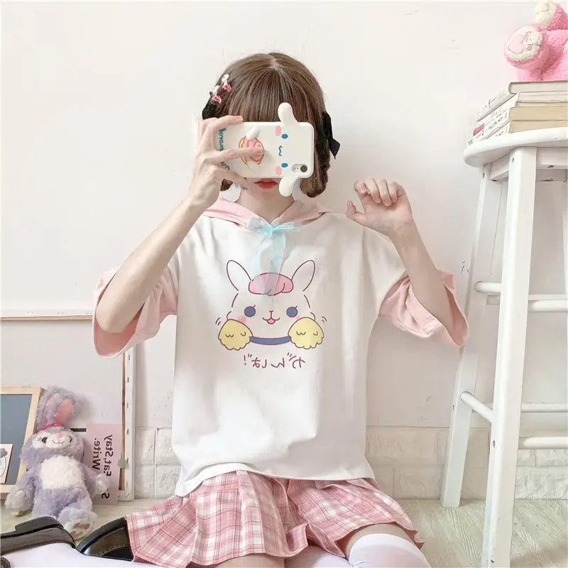 Kawaii Bunny Hooded Tee in Pastel Pink or Blue - Cosparty
