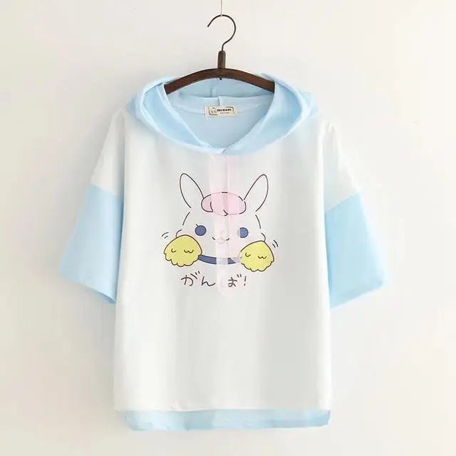 Kawaii Bunny Hooded Tee in Pastel Pink or Blue - shirt