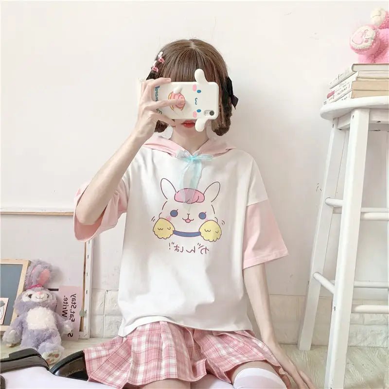Kawaii Bunny Hooded Tee in Pastel Pink or Blue - Cosparty