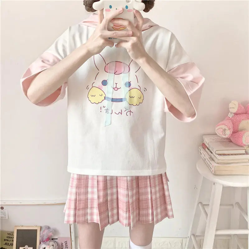 Kawaii Bunny Hooded Tee in Pastel Pink or Blue - shirt