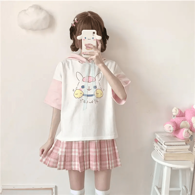 Kawaii Bunny Hooded Tee in Pastel Pink or Blue - Cosparty