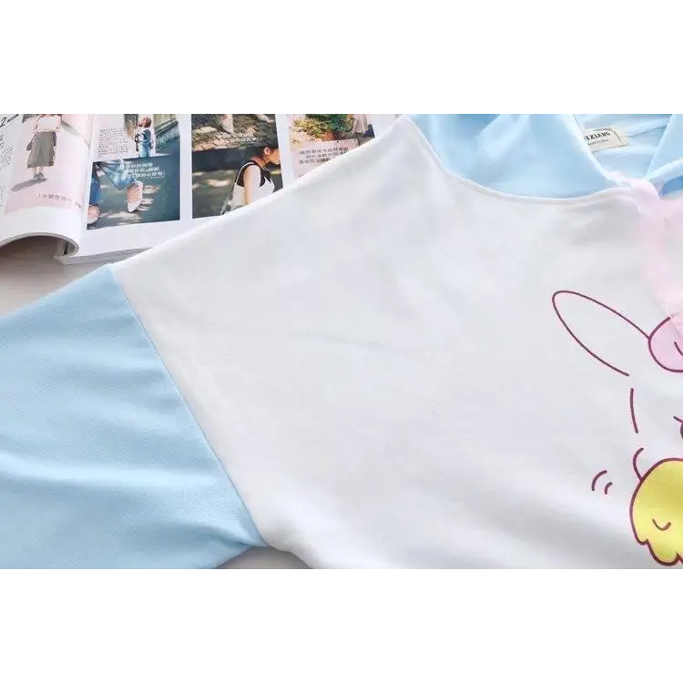 Kawaii Bunny Hooded Tee in Pastel Pink or Blue - shirt