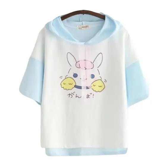 Kawaii Bunny Hooded Tee in Pastel Pink or Blue - Cosparty