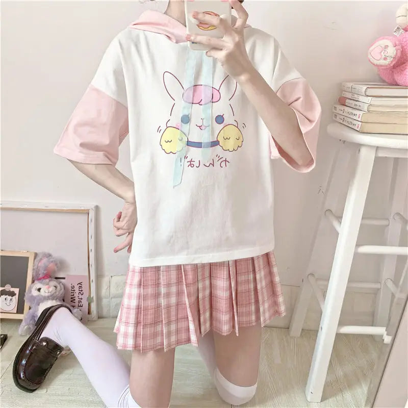 Kawaii Bunny Hooded Tee in Pastel Pink or Blue - Pink - shirt