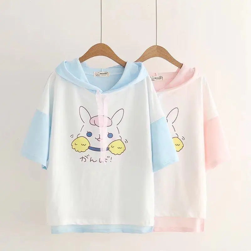 Kawaii Bunny Hooded Tee in Pastel Pink or Blue - shirt