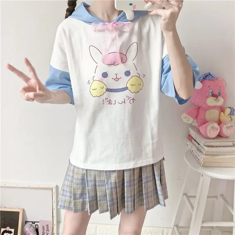 Kawaii Bunny Hooded Tee in Pastel Pink or Blue - Cosparty