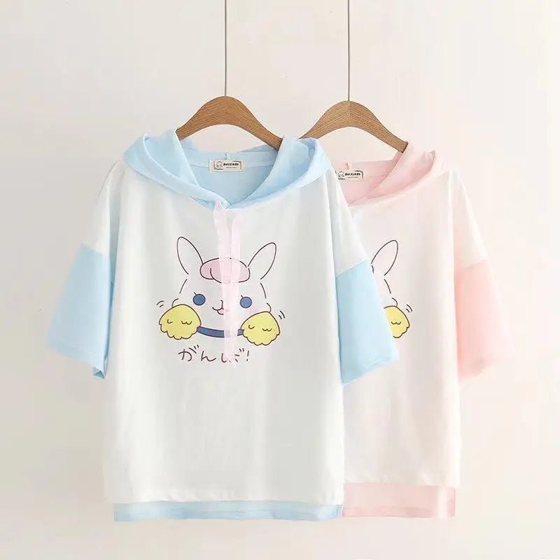 Kawaii Bunny Hooded Tee in Pastel Pink or Blue - Cosparty