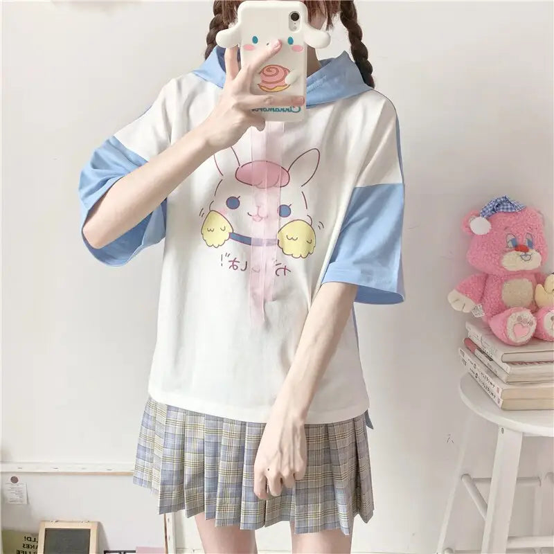 Kawaii Bunny Hooded Tee in Pastel Pink or Blue - shirt