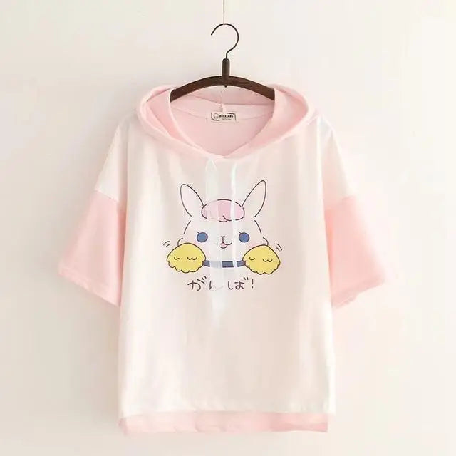 Kawaii Bunny Hooded Tee in Pastel Pink or Blue - shirt