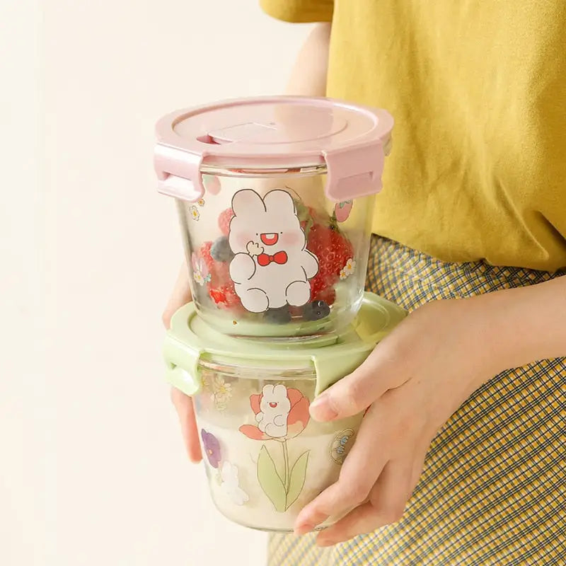 Kawaii Bunny Microwave Glass Bowl with Lid for Cute Mealtime Fun - dish