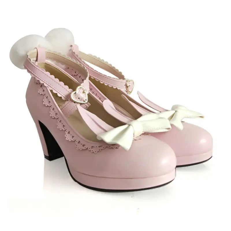 Kawaii Bunny Rabbit Ear High Heels with Removable Pom Poms - Shoes