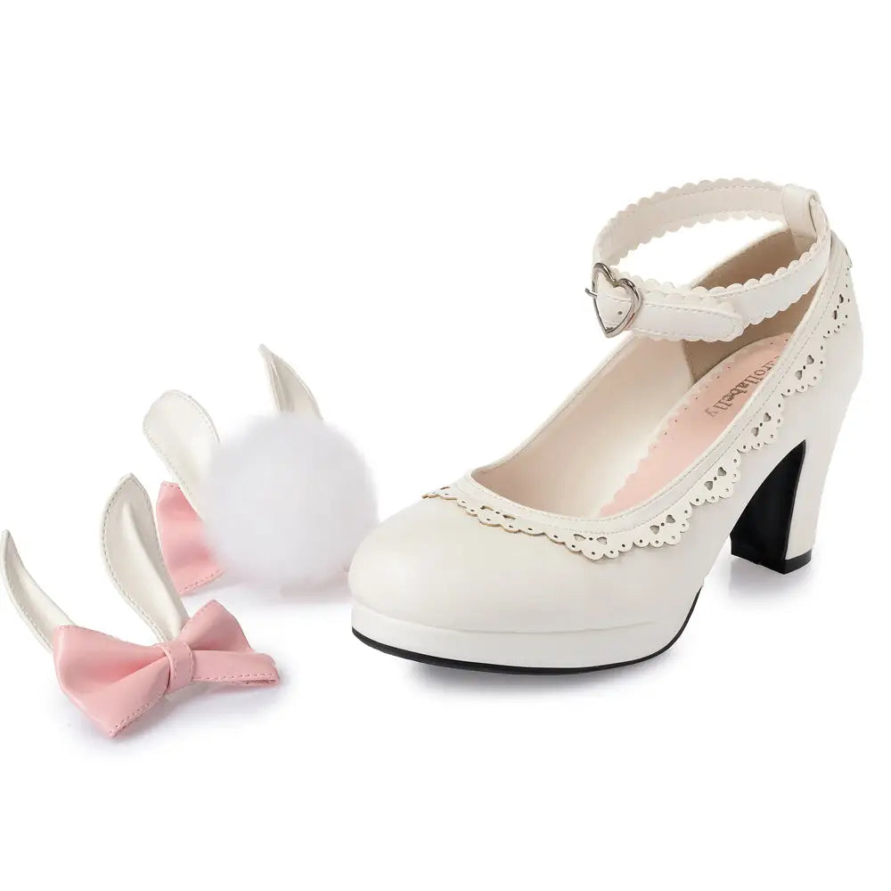 Kawaii Bunny Rabbit Ear High Heels with Removable Pom Poms - Shoes