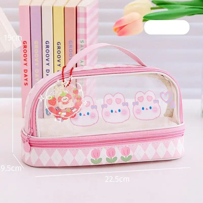 Kawaii Bunny Stationery and Makeup Bag for Cute Organization - Yellow + Random Keychain - pencil case