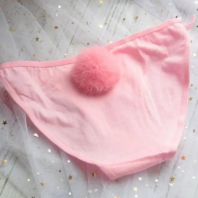 Kawaii Bunny Tail Panties with Pom Poms and Lace Trim - Pink - lingerie