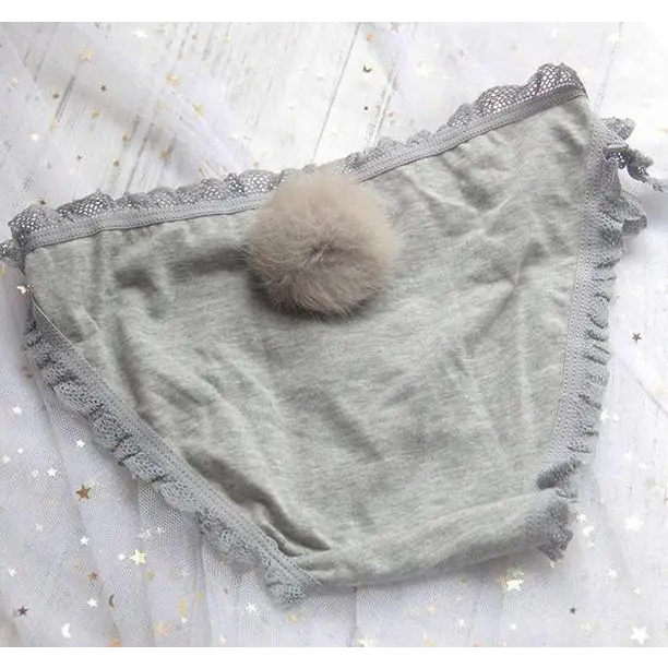 Kawaii Bunny Tail Panties with Pom Poms and Lace Trim - Grey Lace - lingerie