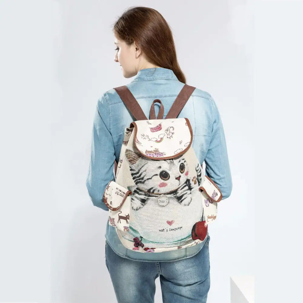 Kawaii Canvas Backpack with Adorable Japanese Cat Artwork - Backpack