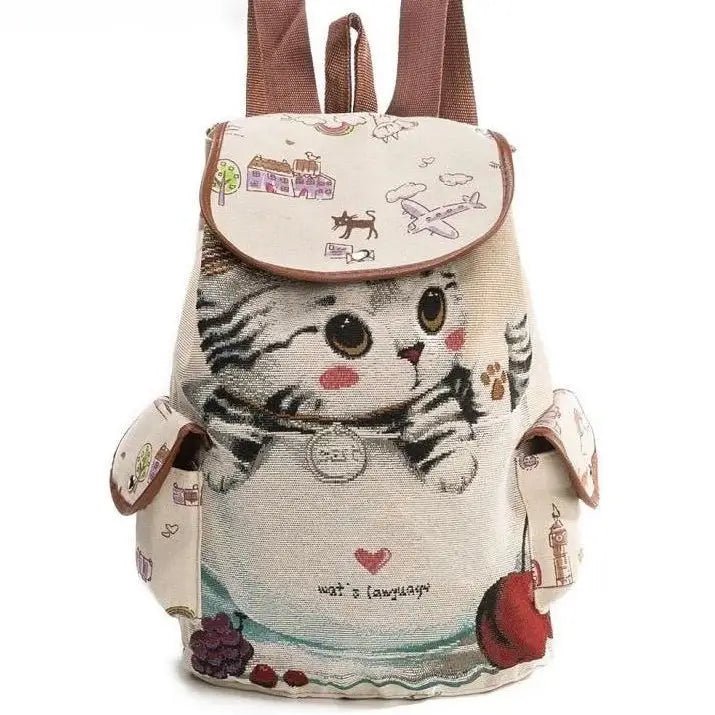 Kawaii Canvas Backpack with Adorable Japanese Cat Artwork - Cosparty