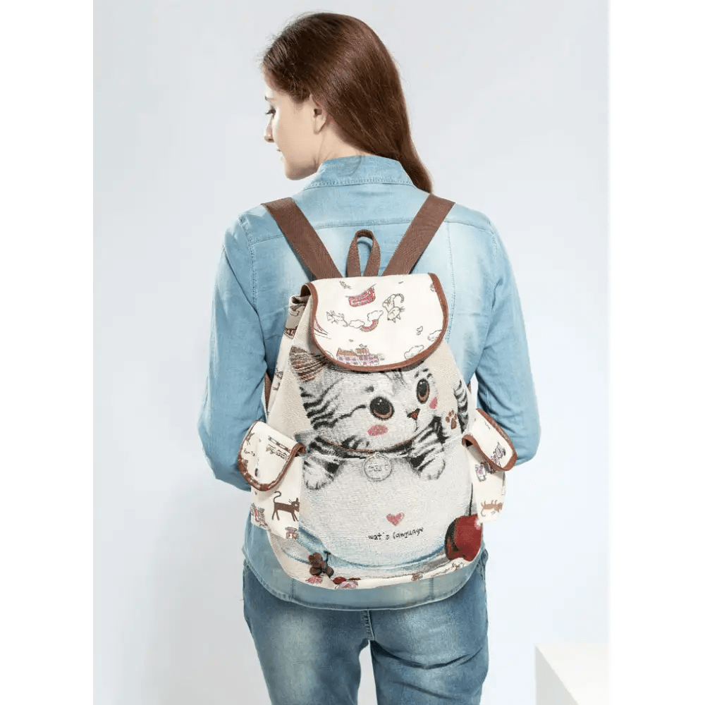 Kawaii Canvas Backpack with Adorable Japanese Cat Artwork - Cosparty