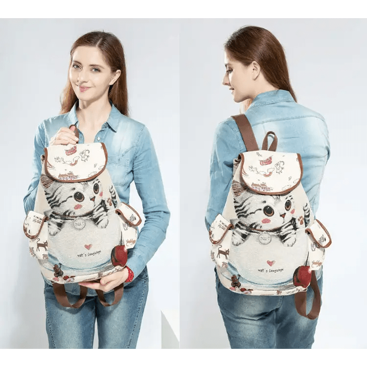 Kawaii Canvas Backpack with Adorable Japanese Cat Artwork - Cosparty