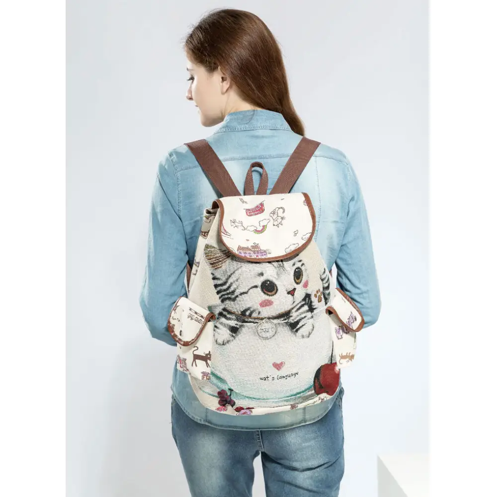 Kawaii Canvas Backpack with Adorable Japanese Cat Artwork - Backpack