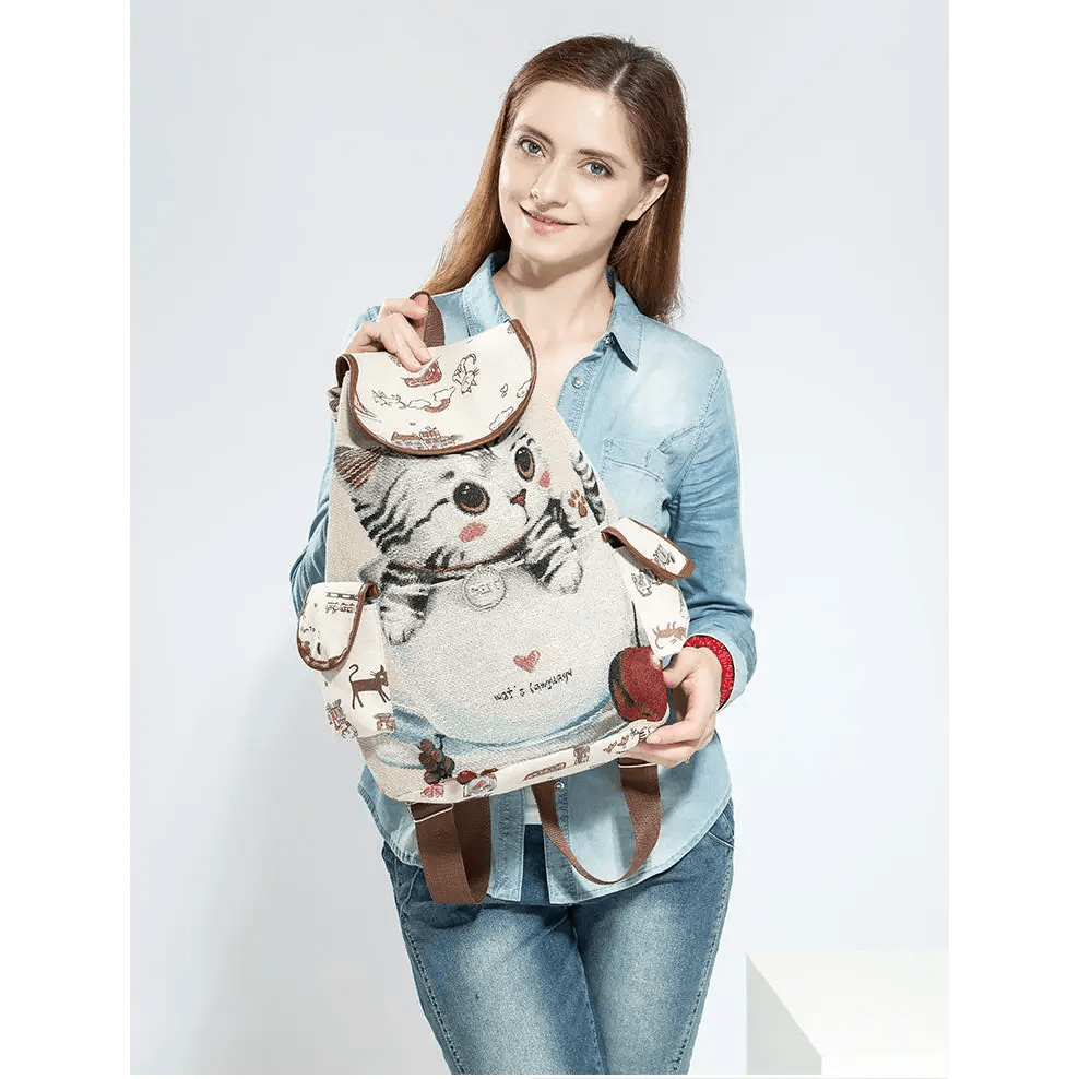 Kawaii Canvas Backpack with Adorable Japanese Cat Artwork - Cosparty