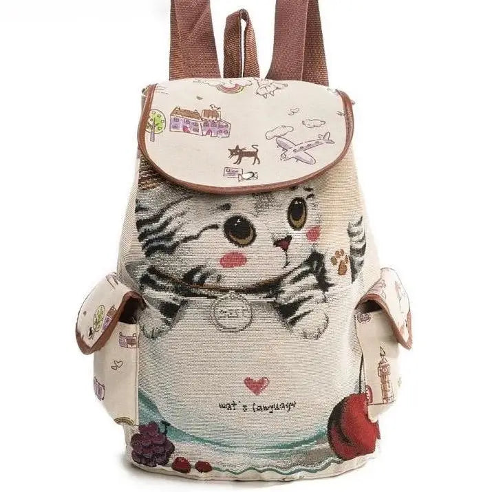 Kawaii Canvas Backpack with Adorable Japanese Cat Artwork - Backpack