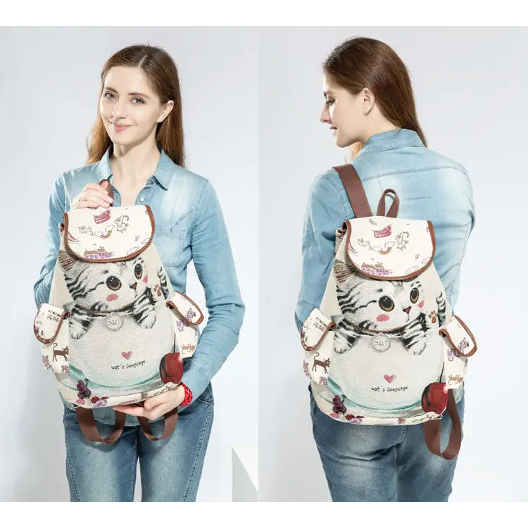 Kawaii Canvas Backpack with Adorable Japanese Cat Artwork - Backpack