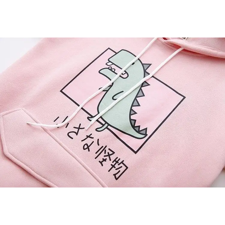 Kawaii Dinosaur Hoodie in Pastel Colors with Cute Japanese Writing - sweater