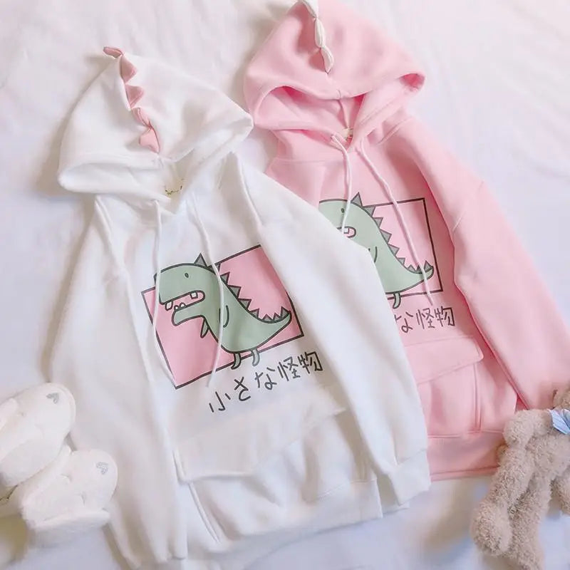 Kawaii Dinosaur Hoodie in Pastel Colors with Cute Japanese Writing - sweater