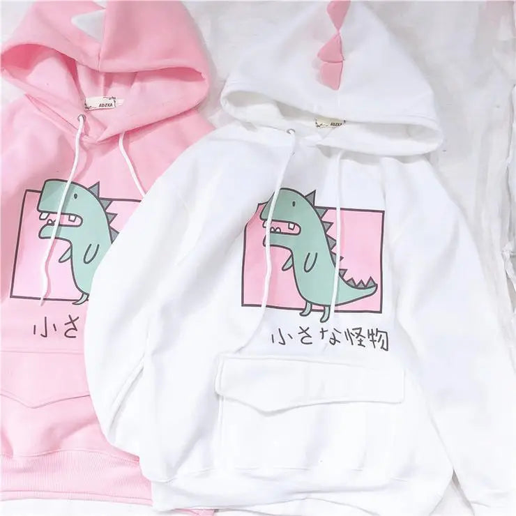 Kawaii Dinosaur Hoodie in Pastel Colors with Cute Japanese Writing - sweater