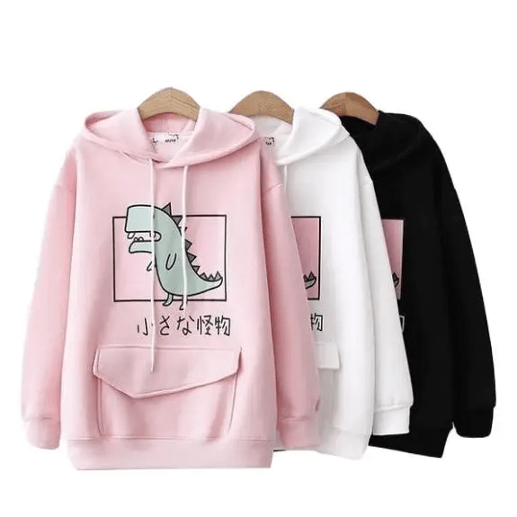 Kawaii Dinosaur Hoodie in Pastel Colors with Cute Japanese Writing - Cosparty