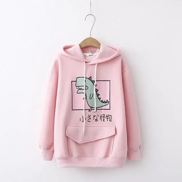 Kawaii Dinosaur Hoodie in Pastel Colors with Cute Japanese Writing - sweater