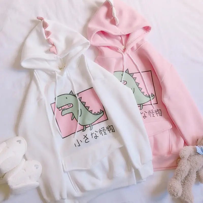 Kawaii Dinosaur Hoodie in Pastel Colors with Cute Japanese Writing - Cosparty