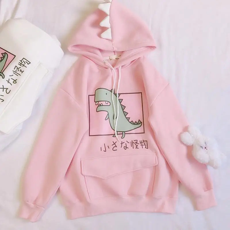 Kawaii Dinosaur Hoodie in Pastel Colors with Cute Japanese Writing - sweater