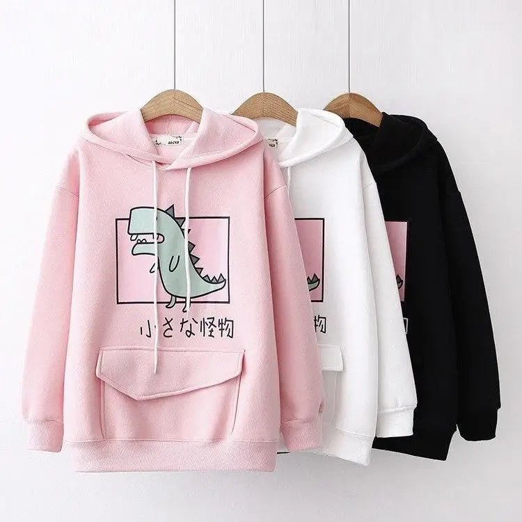 Kawaii Dinosaur Hoodie in Pastel Colors with Cute Japanese Writing - Cosparty
