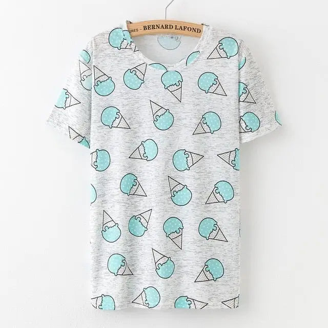 Kawaii Fashion Short Sleeve T-Shirt in Heathered Grey or White - Blue Icecream / S - Shirt