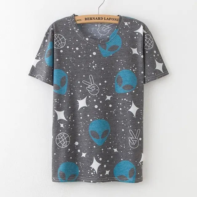 Kawaii Fashion Short Sleeve T-Shirt in Heathered Grey or White - Aliens / S - Shirt