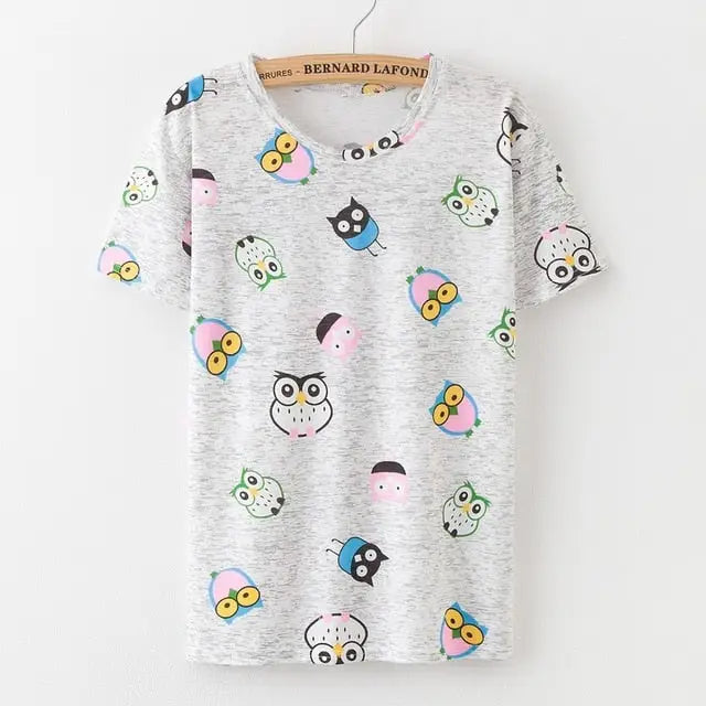 Kawaii Fashion Short Sleeve T-Shirt in Heathered Grey or White - Grey Owls / S - Shirt