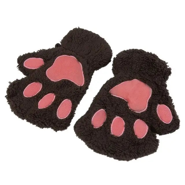 Kawaii Fingerless Neko Cat Paw Gloves for Cozy Comfort - Dark Brown - Accessories