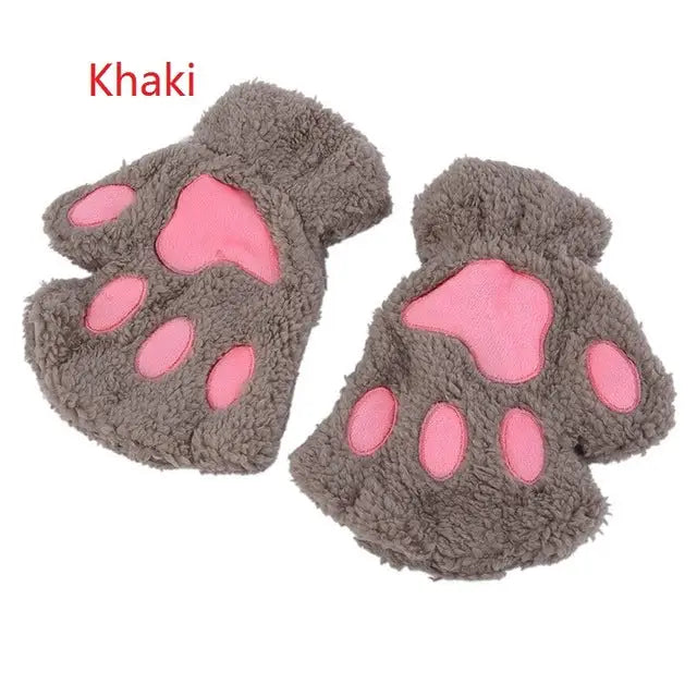 Kawaii Fingerless Neko Cat Paw Gloves for Cozy Comfort - khaki - Accessories