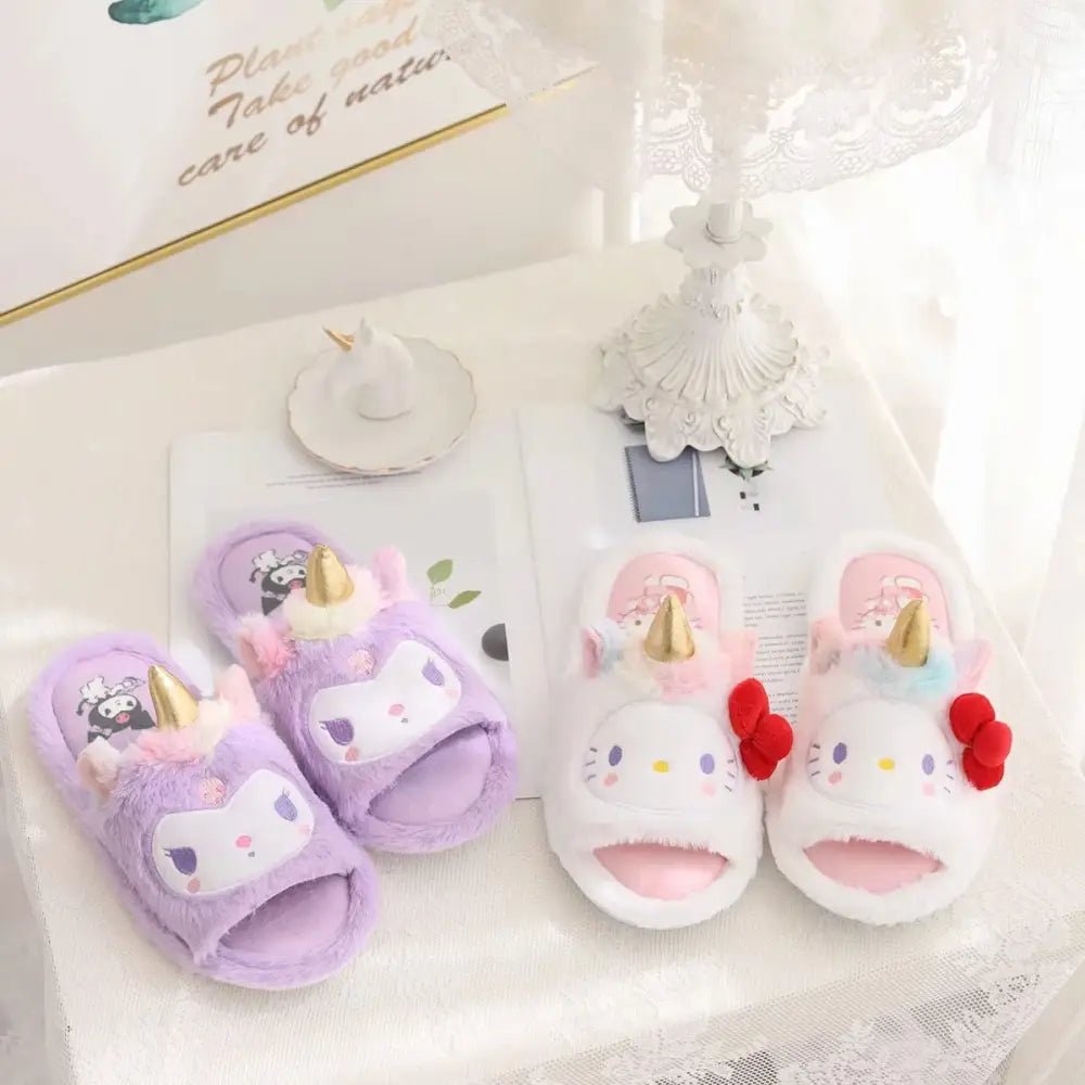 Kawaii Fluffy Sanrio Unicorn Character Slippers for Cozy Comfort - Cosparty