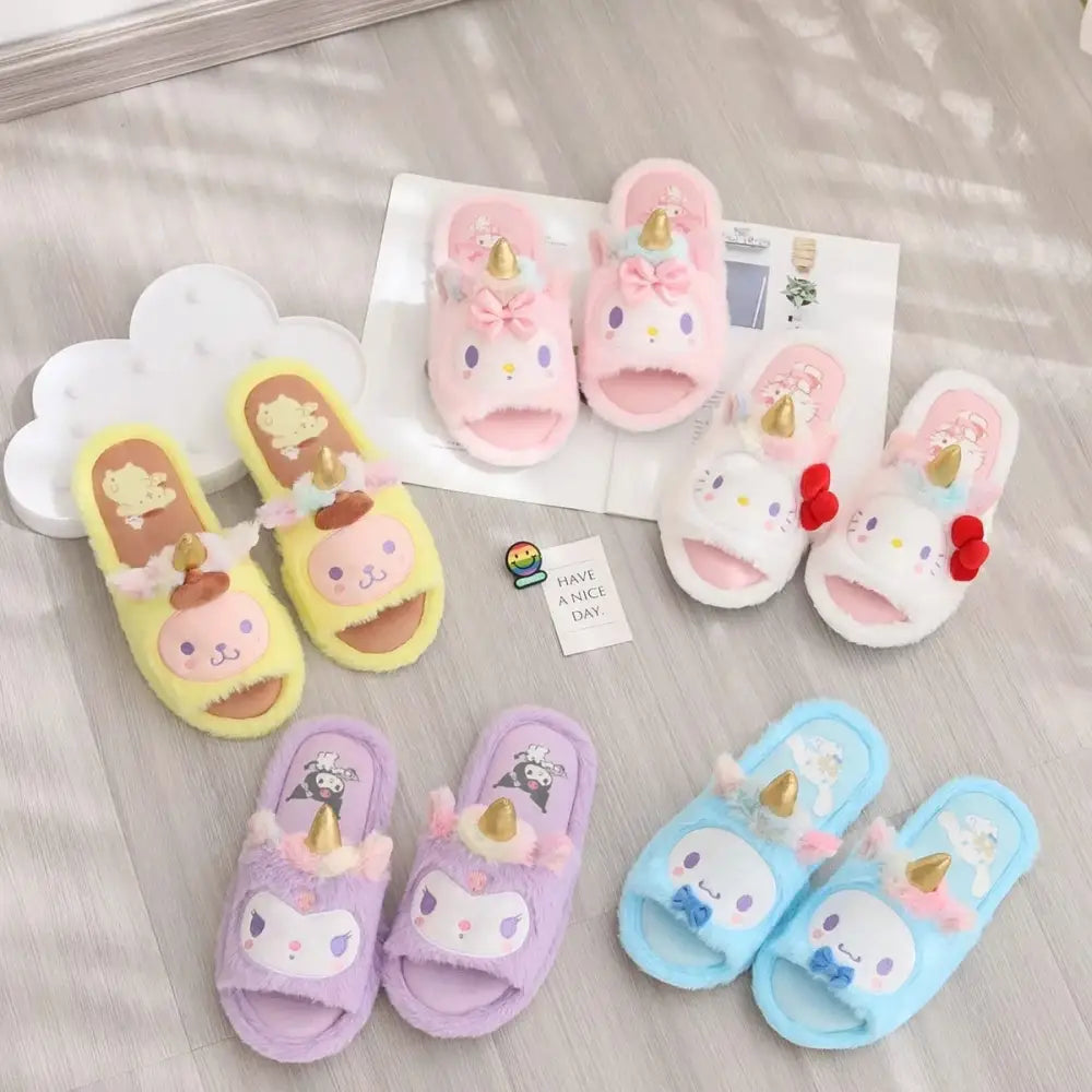 Kawaii Fluffy Sanrio Unicorn Character Slippers for Cozy Comfort - shoes