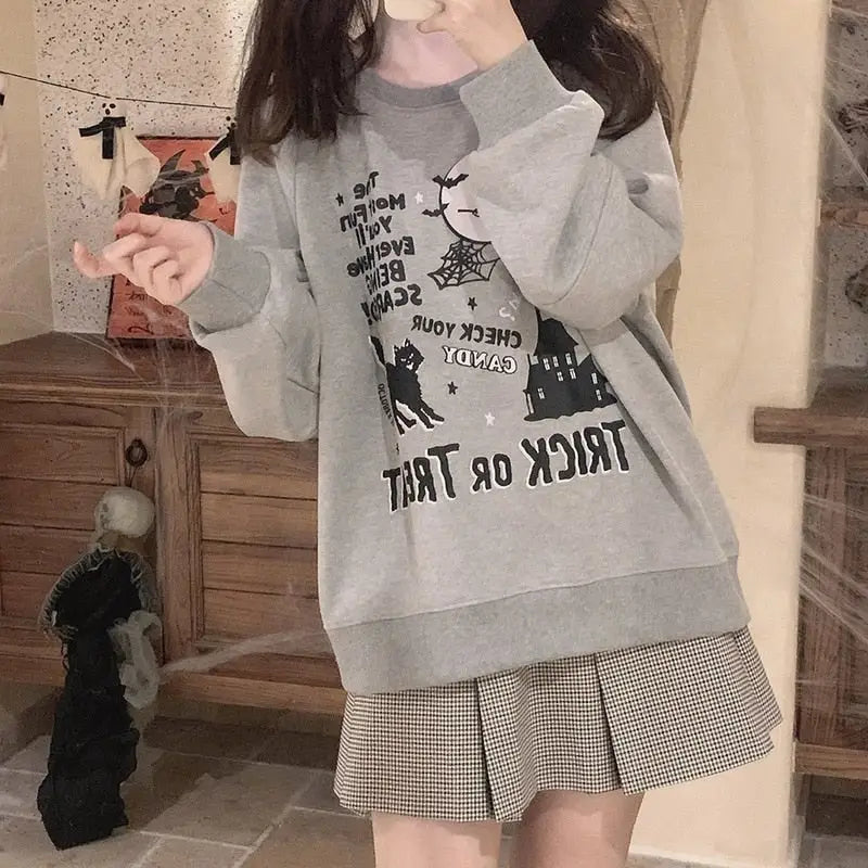 Kawaii Goth Trick or Treat Crewneck Sweater for Year-Round Fun - Shirts & Tops